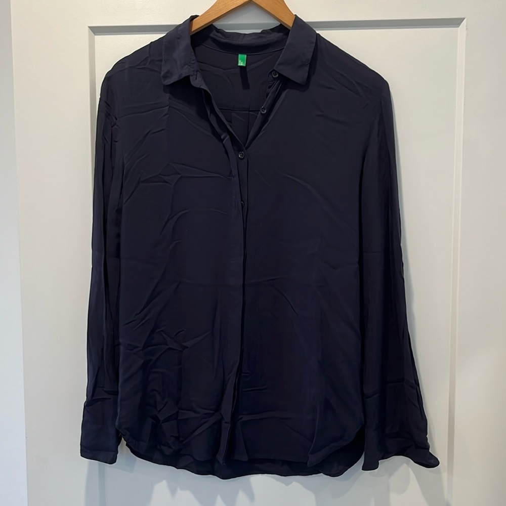 Navy silky button down blouse